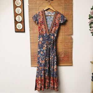 Saints + Secrets Boho Floral V Neck Wrap Midi Dress